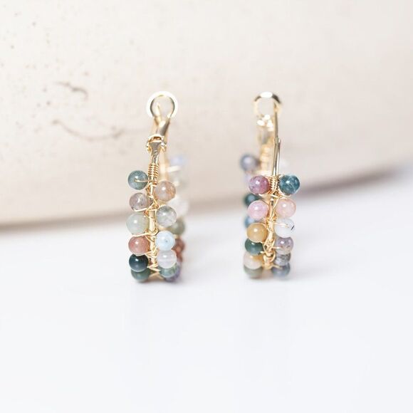 18K Gold Plated Boho Style Hoop Earrings 18K Colorful Natural Stone Hoops Gift - Picture 6 of 7